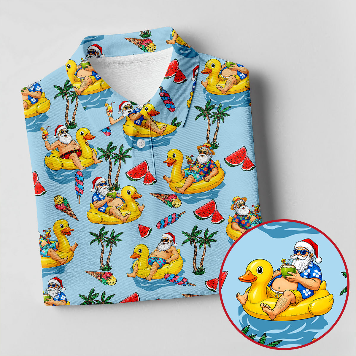 Women's Santa Duck Pool Float Hawaiian Golf Shirt, Christmas Golf Shirt, Women’s Golf Polo