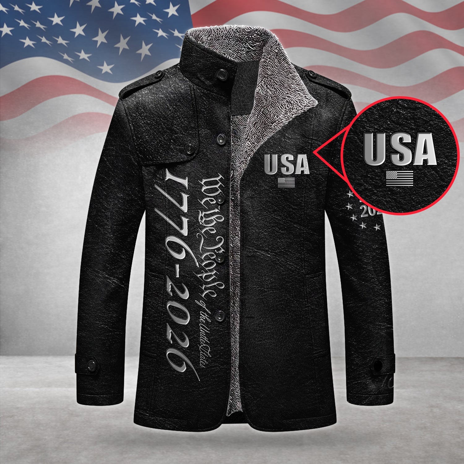 We The People 250 Years Silver Flag Men's Cold Premium Weather Jacket, Leather Trench Coat
