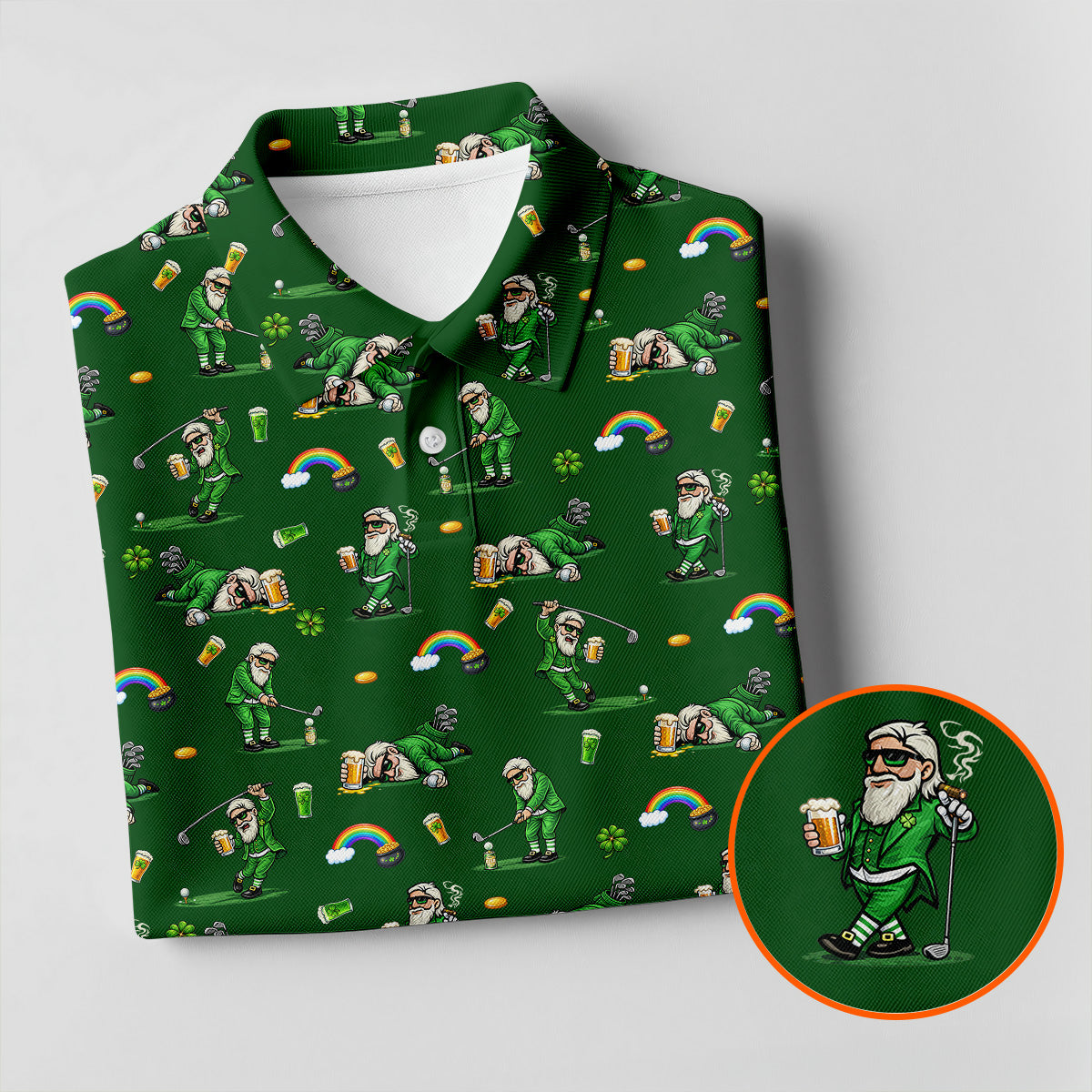 St Patrick's Day Leprechaun Character Golf And Beer Green Golf Shirt, Fun Golf Shirts For Men, Polo For Men