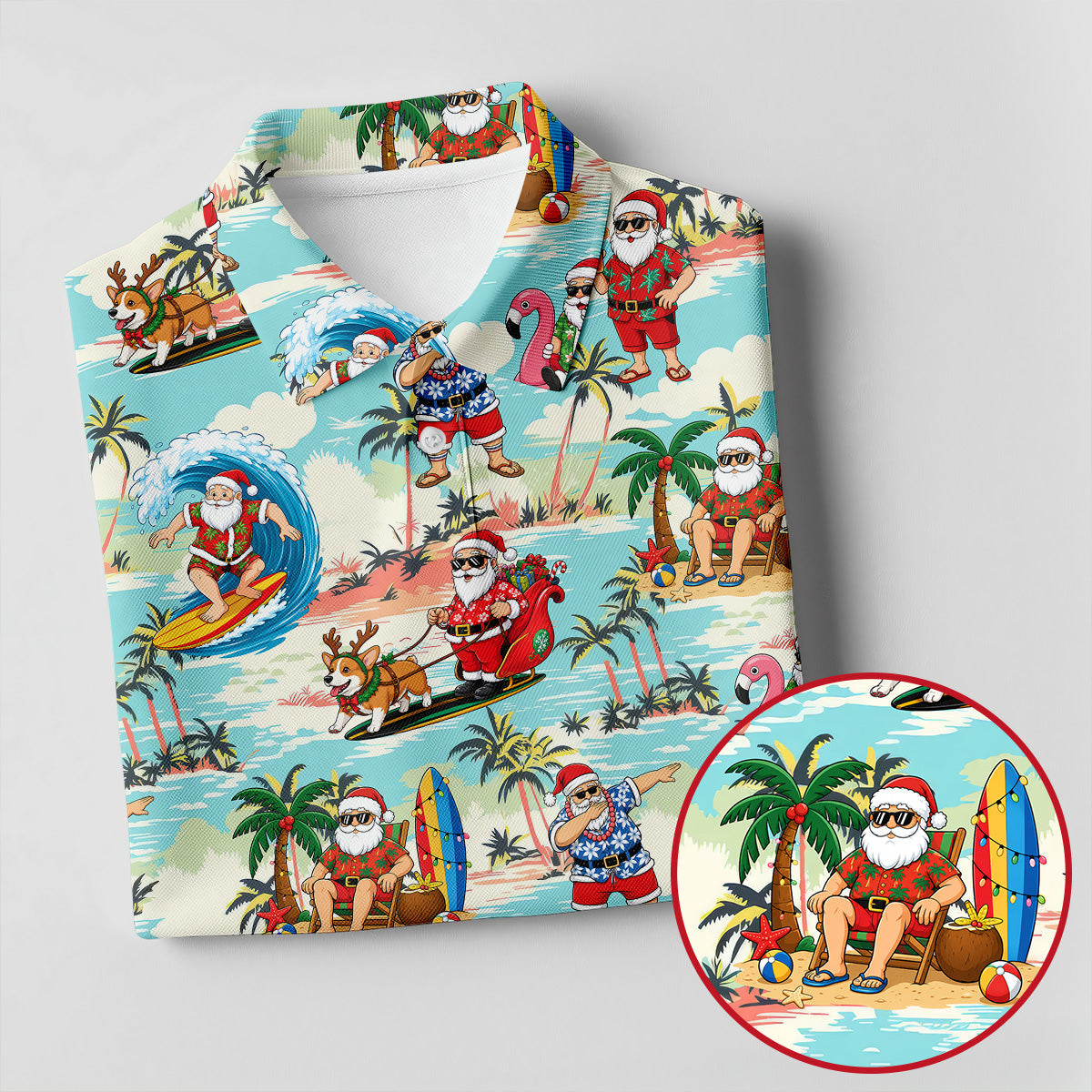 Funny Tropical Santa Beach Christmas Polo Shirt, Mens Golf Polo, Hawaiian Golf Shirt