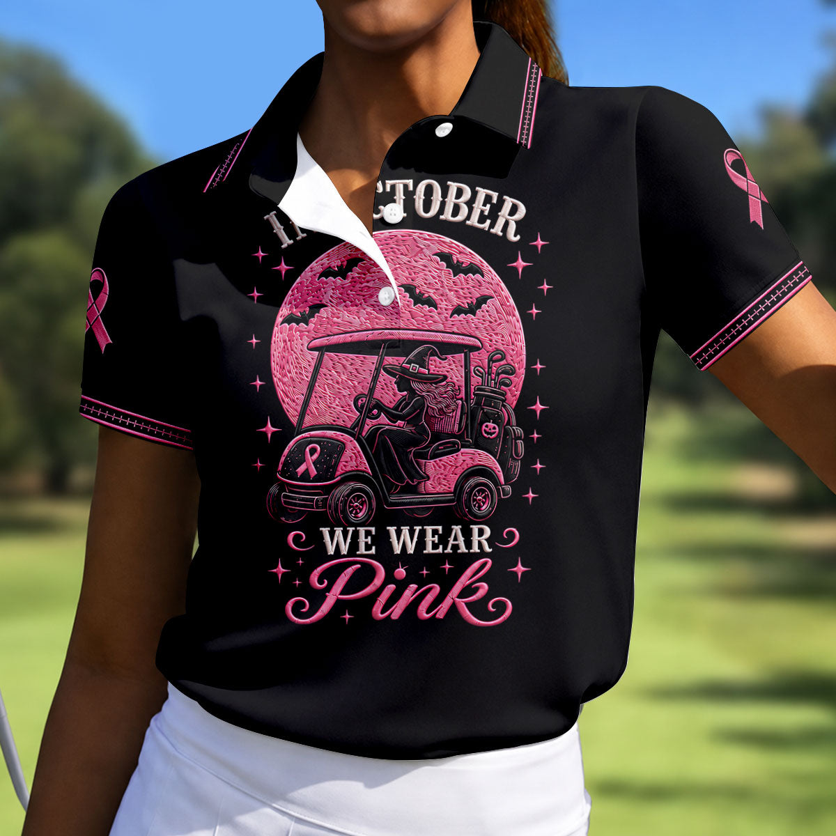 In October We Wear Pink Witch Breast Cancer Golf Polo Shirt, Golf Tops For Women