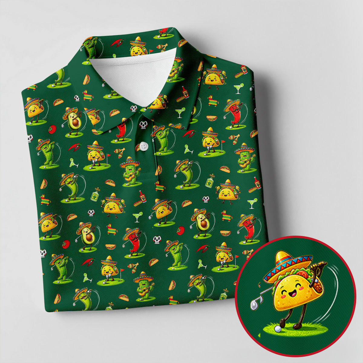 Mexican Cartoon Food Characters Cinco De Mayo Celebration Fiesta Themed Green Golf Shirts For Men
