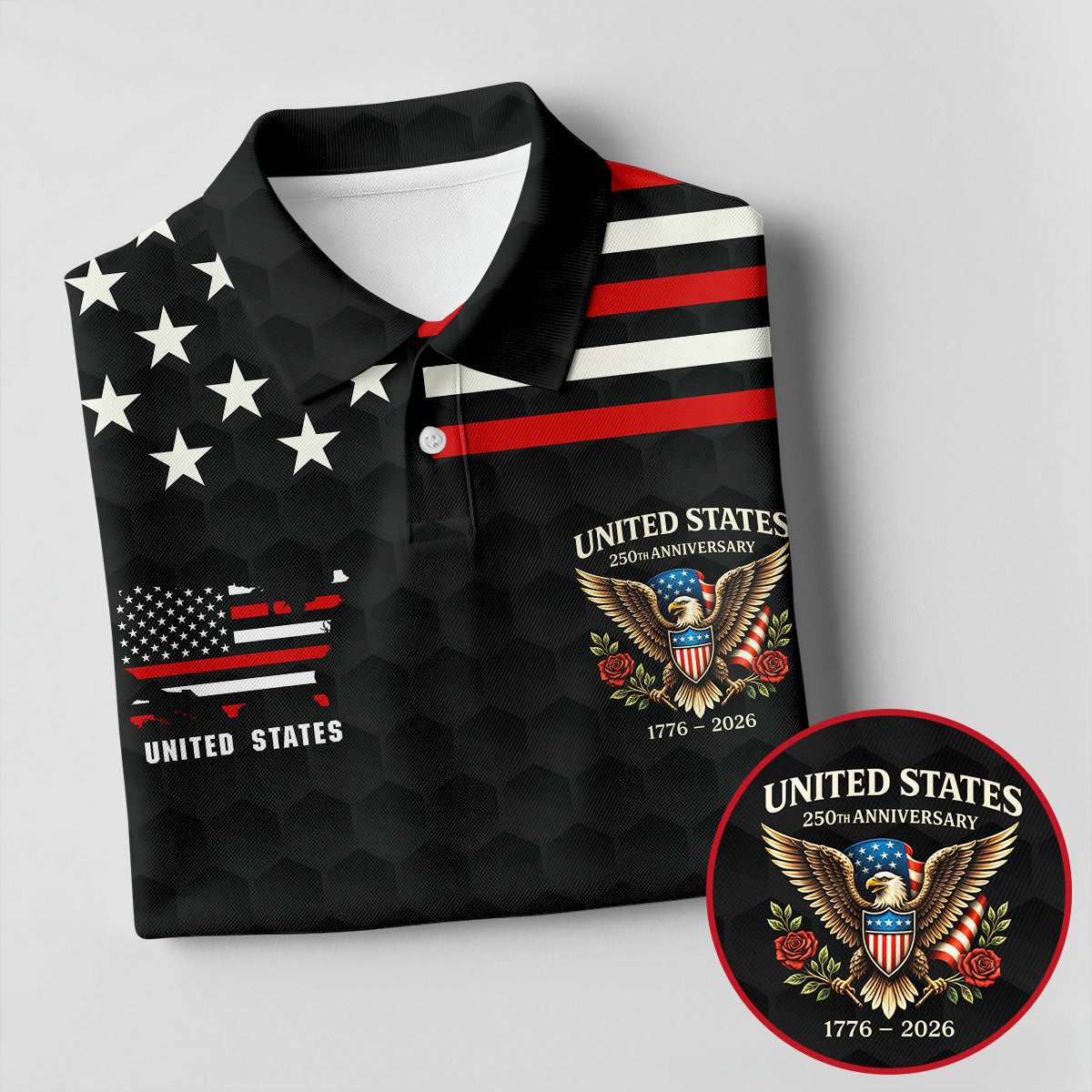 250th Anniversary Bald Eagle And Roses Black Golf Shirt, Patriotic 4th Of July Golf Shirts For Men