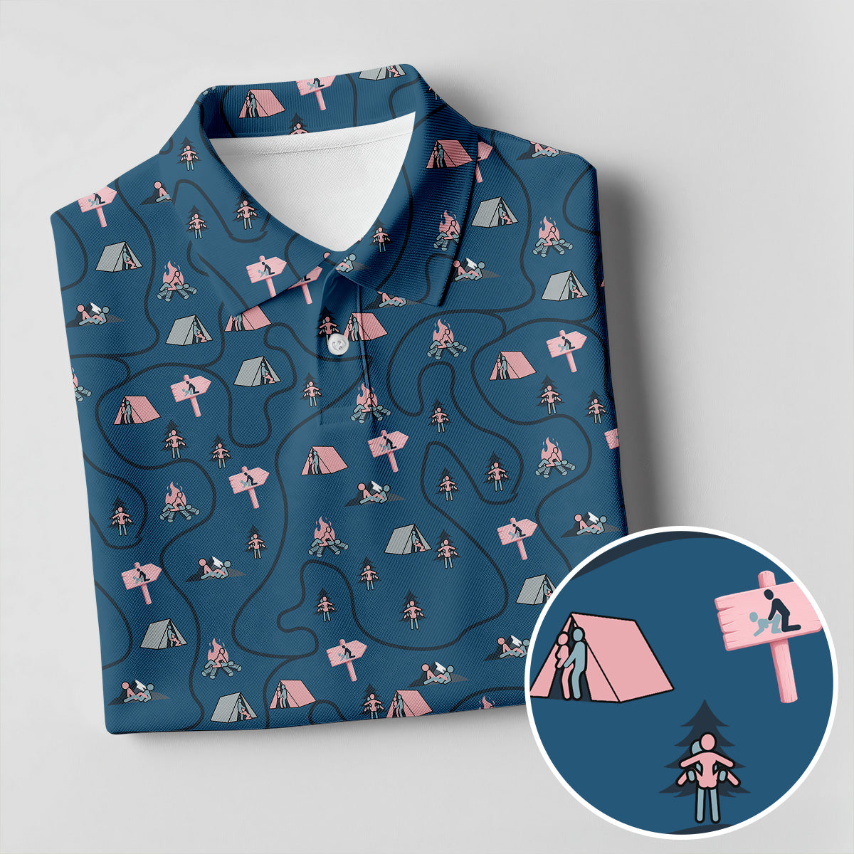 Funny Adult Camping Pattern Polo Shirt, Golf Polo Shirts For Men, Printed Golf Shirts