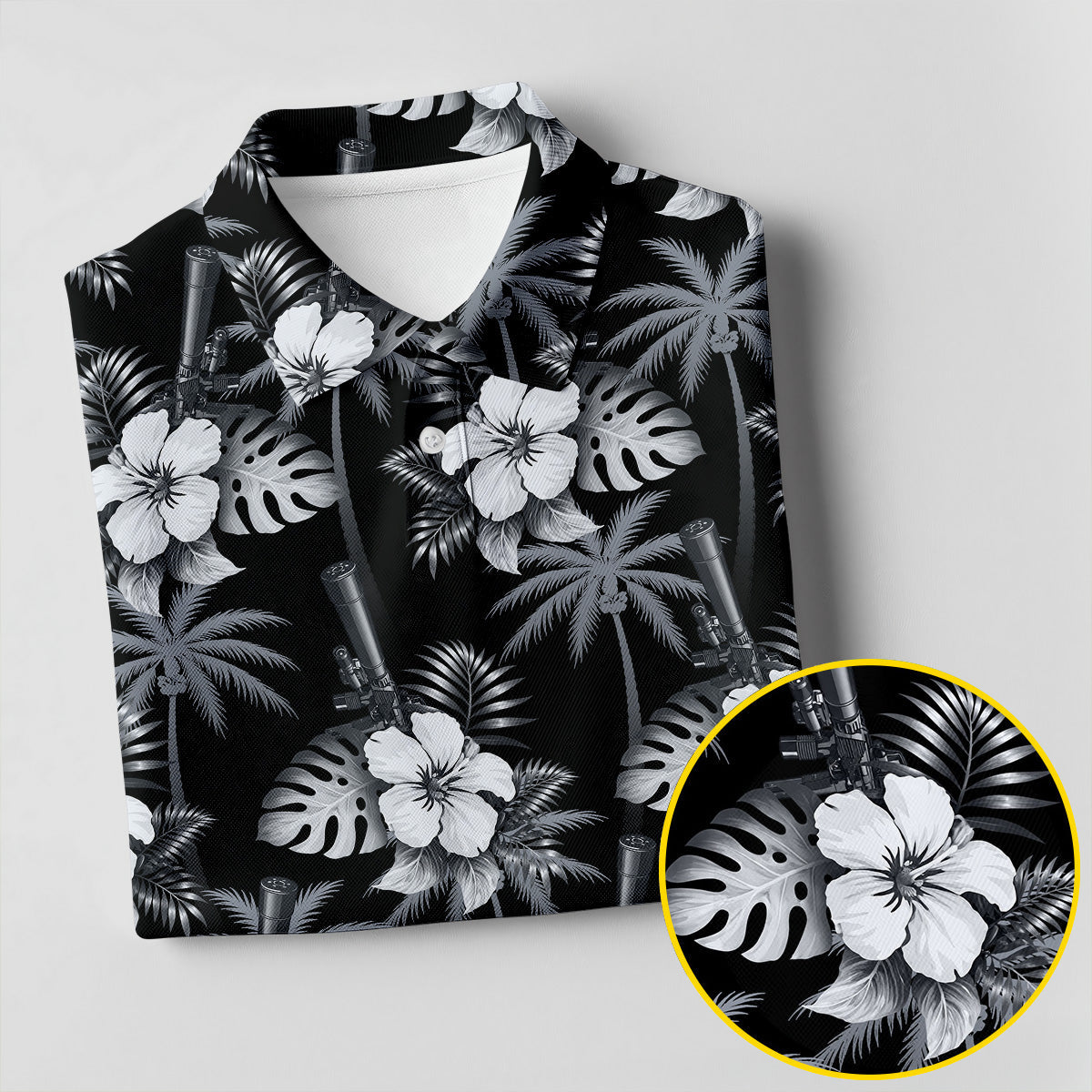 White Hibicus Black Hawaiian Golf Shirt, Tropical Summer Theme Golf Shirts For Men