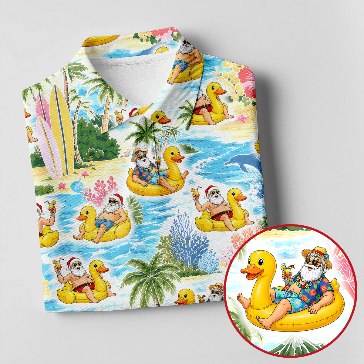 Funny Santa Duck Float Tropical Christmas Polo Shirt, Womens Golf Polo, Hawaiian Golf Shirt