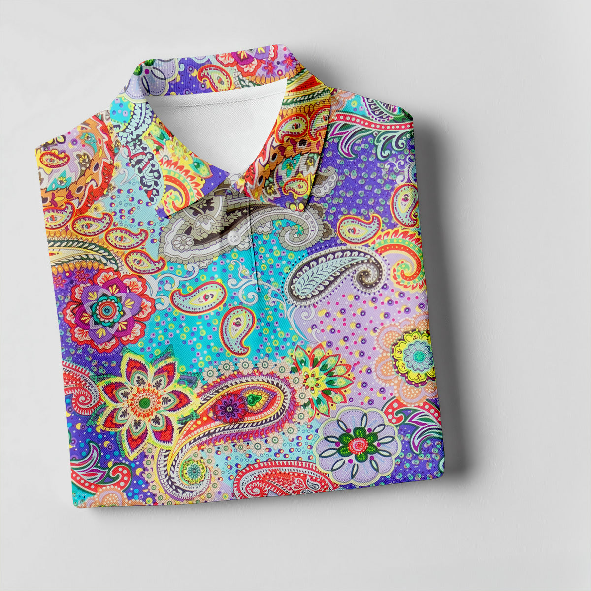 Vibrant Paisley Floral Patchwork Golf Polo Shirt, Hawaiian Golf Shirt, Mens Golf Polo