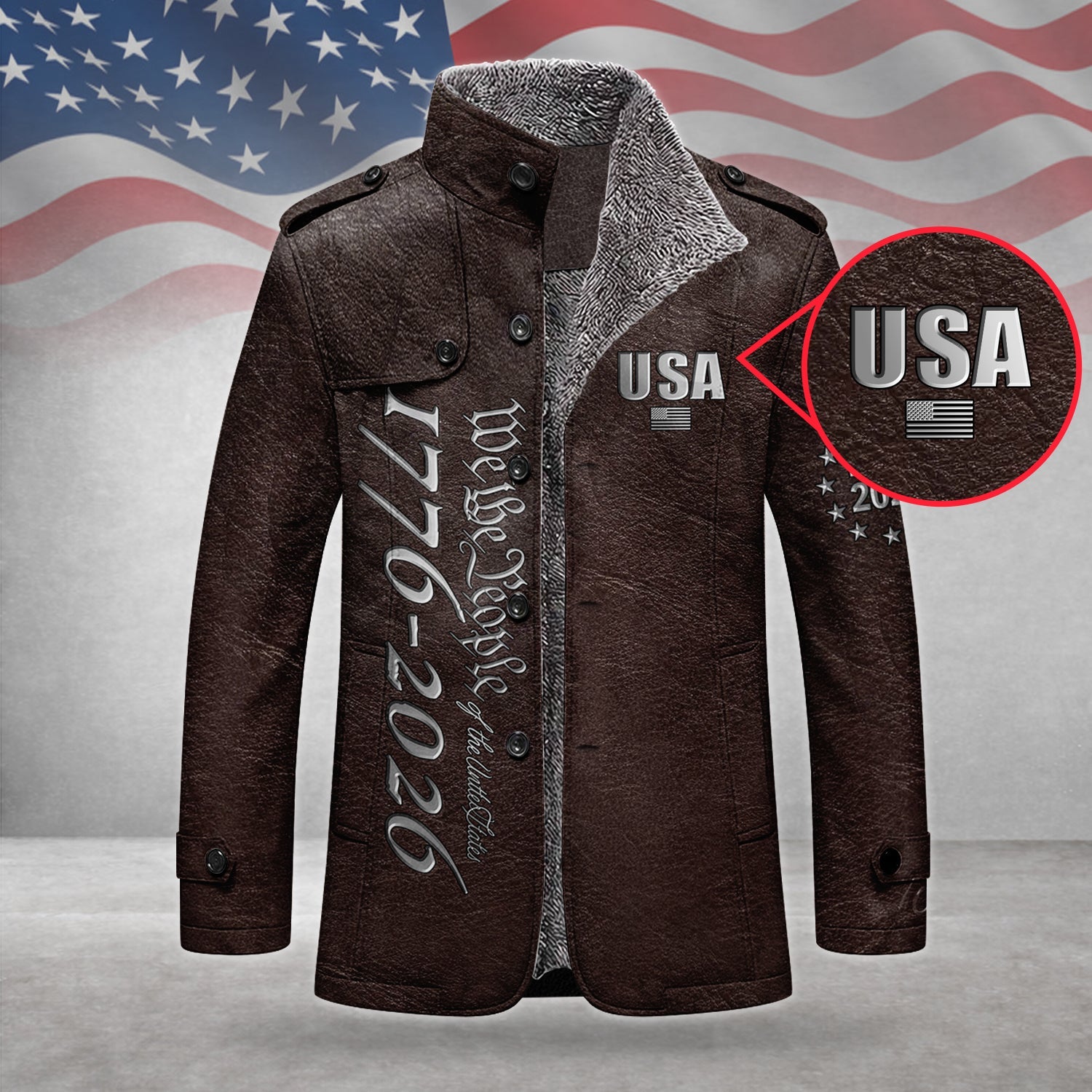 We The People 250 Years Silver Flag Men's Cold Premium Weather Jacket, Leather Trench Coat