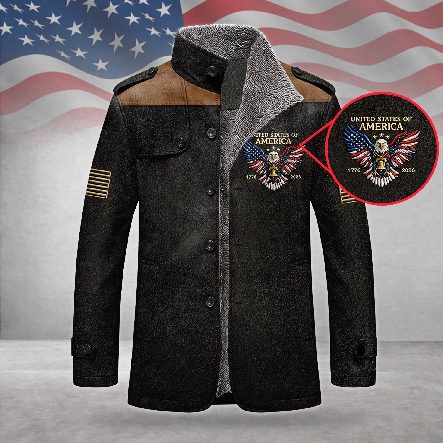 250 Years Red White Blue USA Bald Eagle Men's Cold Premium Weather Jacket, Leather Trench Coat
