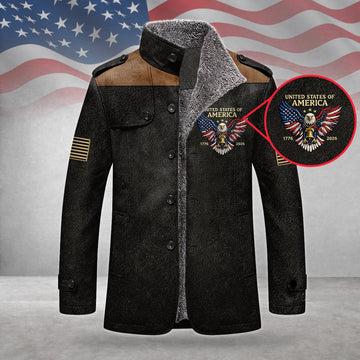 250 Years Red White Blue USA Bald Eagle Men's Cold Premium Weather Jacket, Leather Trench Coat