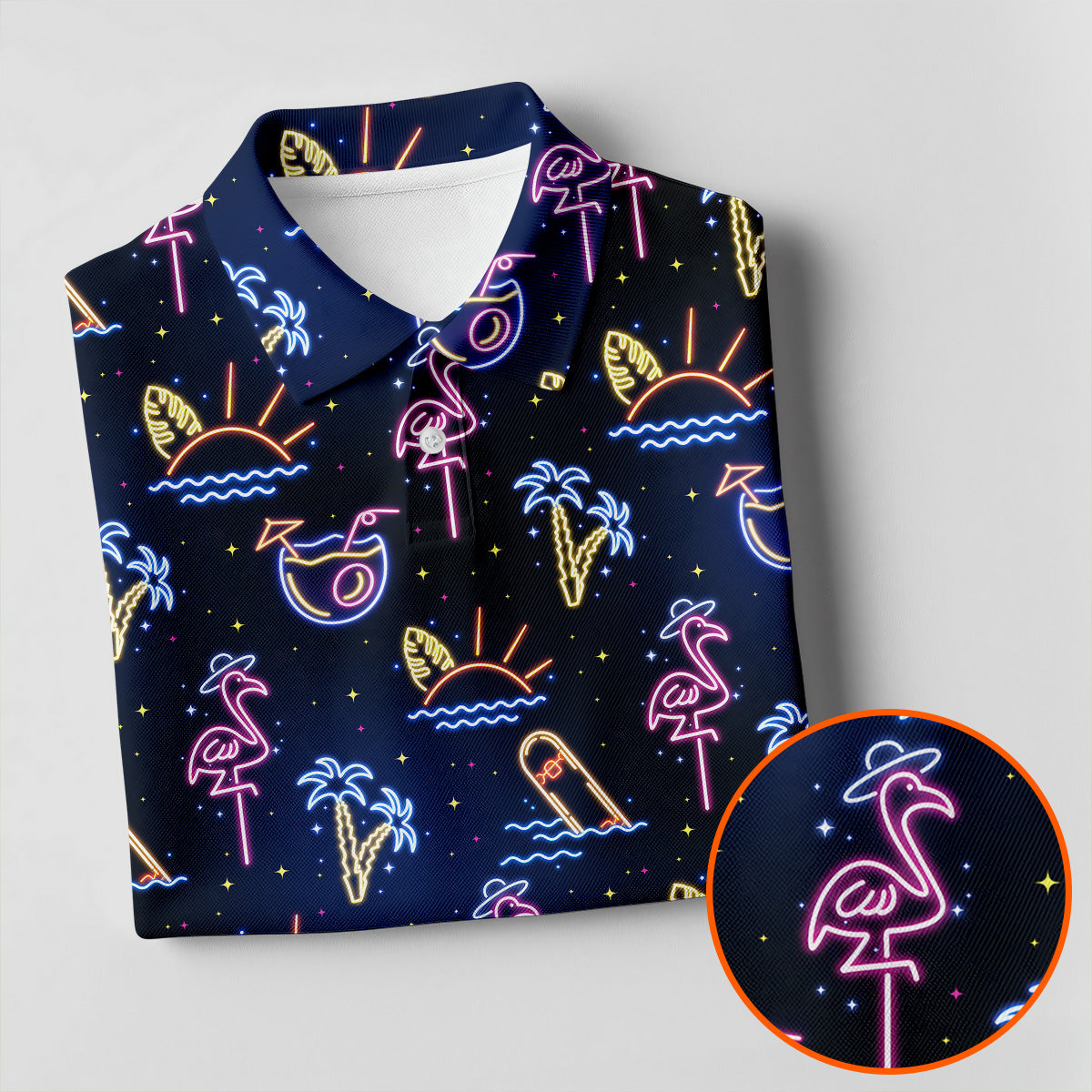 Neon Tropical Flamingo Sunset Cocktail Night Golf Polo, Hawaiian Golf Shirt, Ladies Golf Shirt
