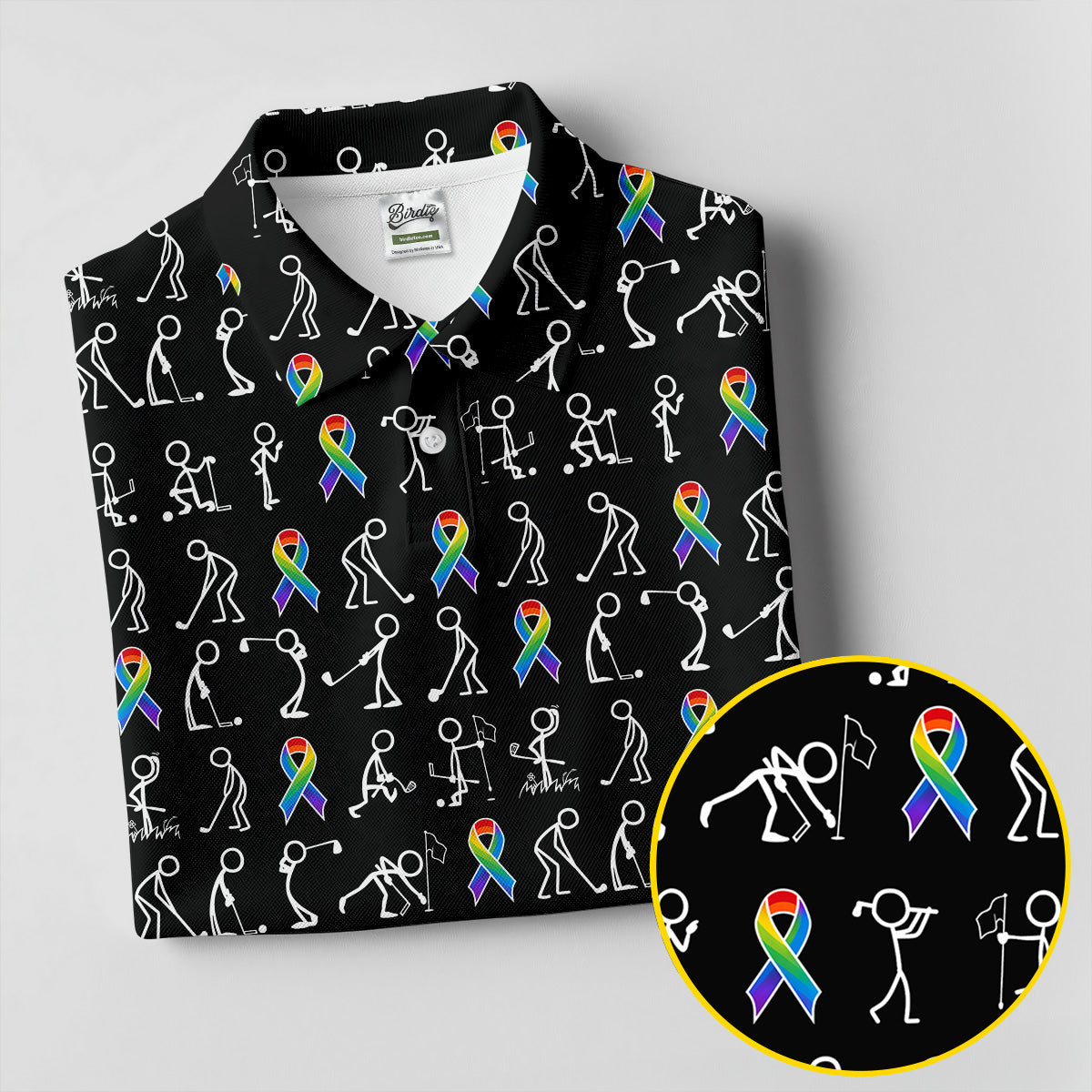 Rainbow Cancer Ribbon Stick Figure Golf Pattern Shirt, Women’s Golf Polo, Ladies Golf Tops