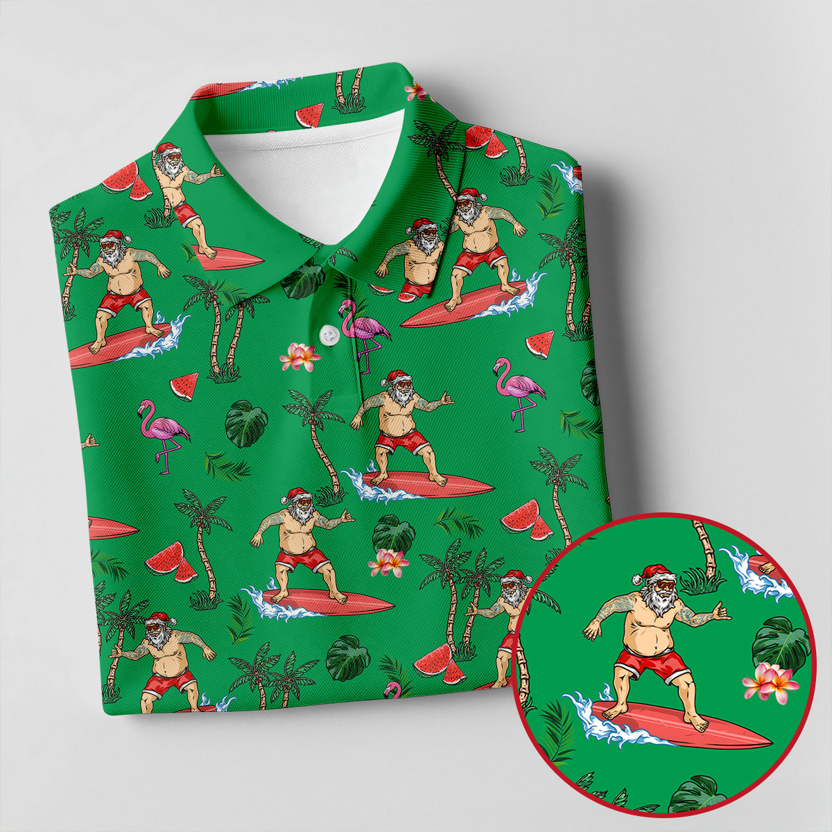 Surfing Santa Tropical Beach Golf Polo Shirt, Christmas Golf Shirt, Women’s Golf Apparel, Golf Polo For Women
