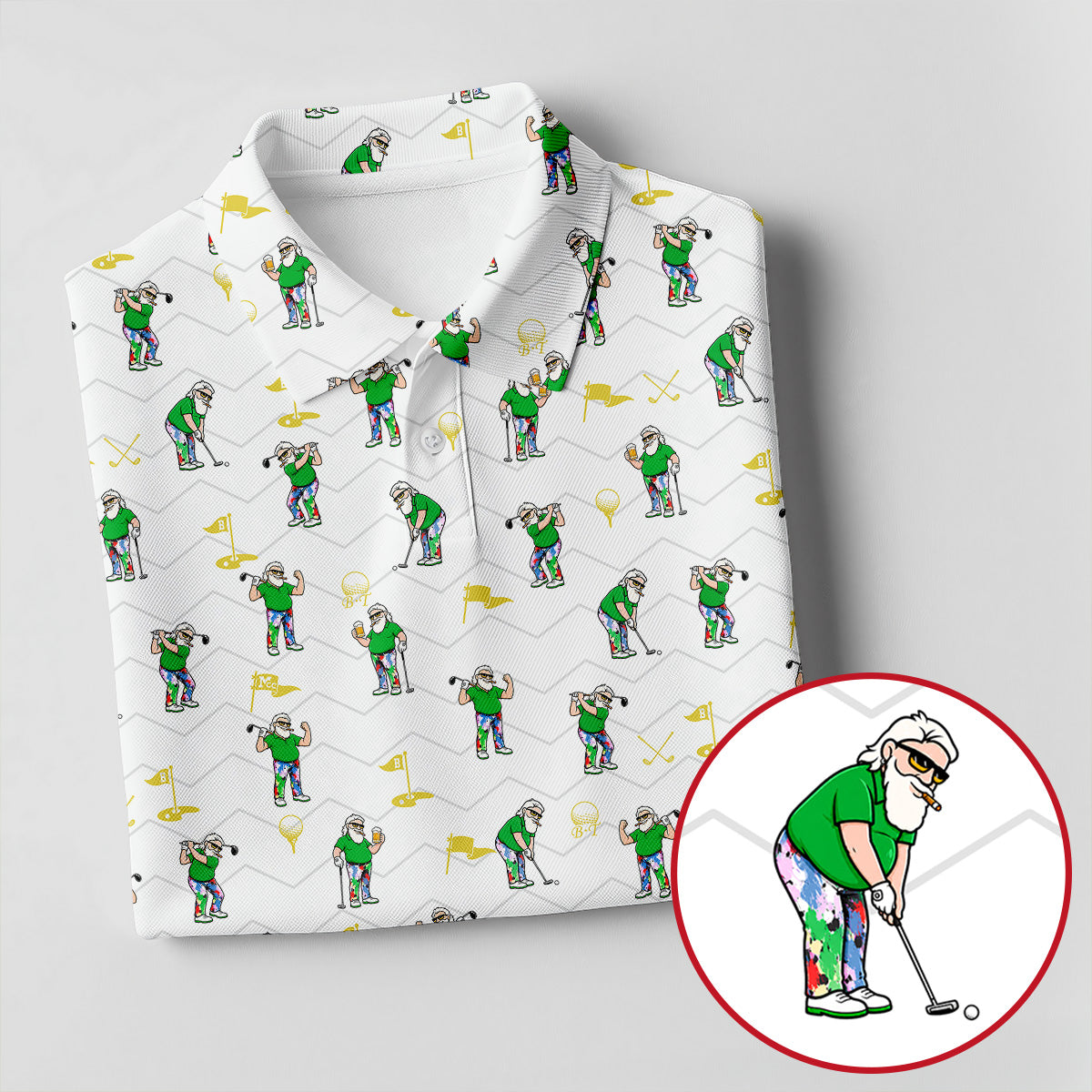 Funny Bearded Golfer Cartoon Pattern Polo Shirt, Womens Golf Tops, Golf Tops For Women