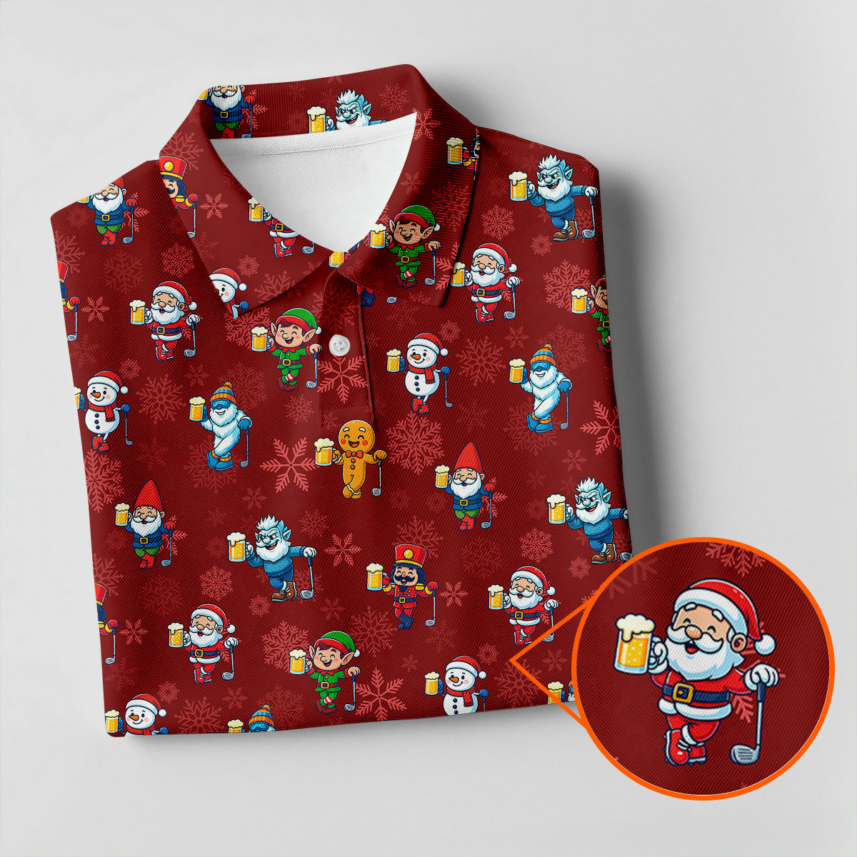 Christmas Characters Golf And Beer Red Men's Funny Golf Shirts, Christmas Golf Shirt, Polo Shirts For Men