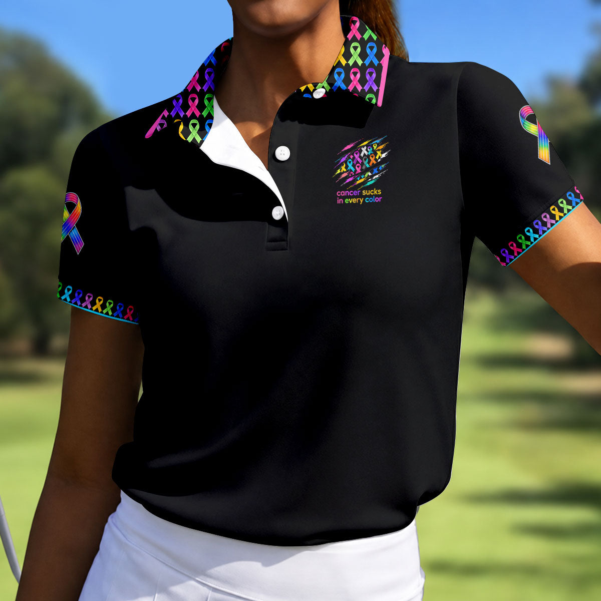Cancer Sucks In Every Color Awareness Ribbon Golf Polo Shirt, Women's Golf Polo