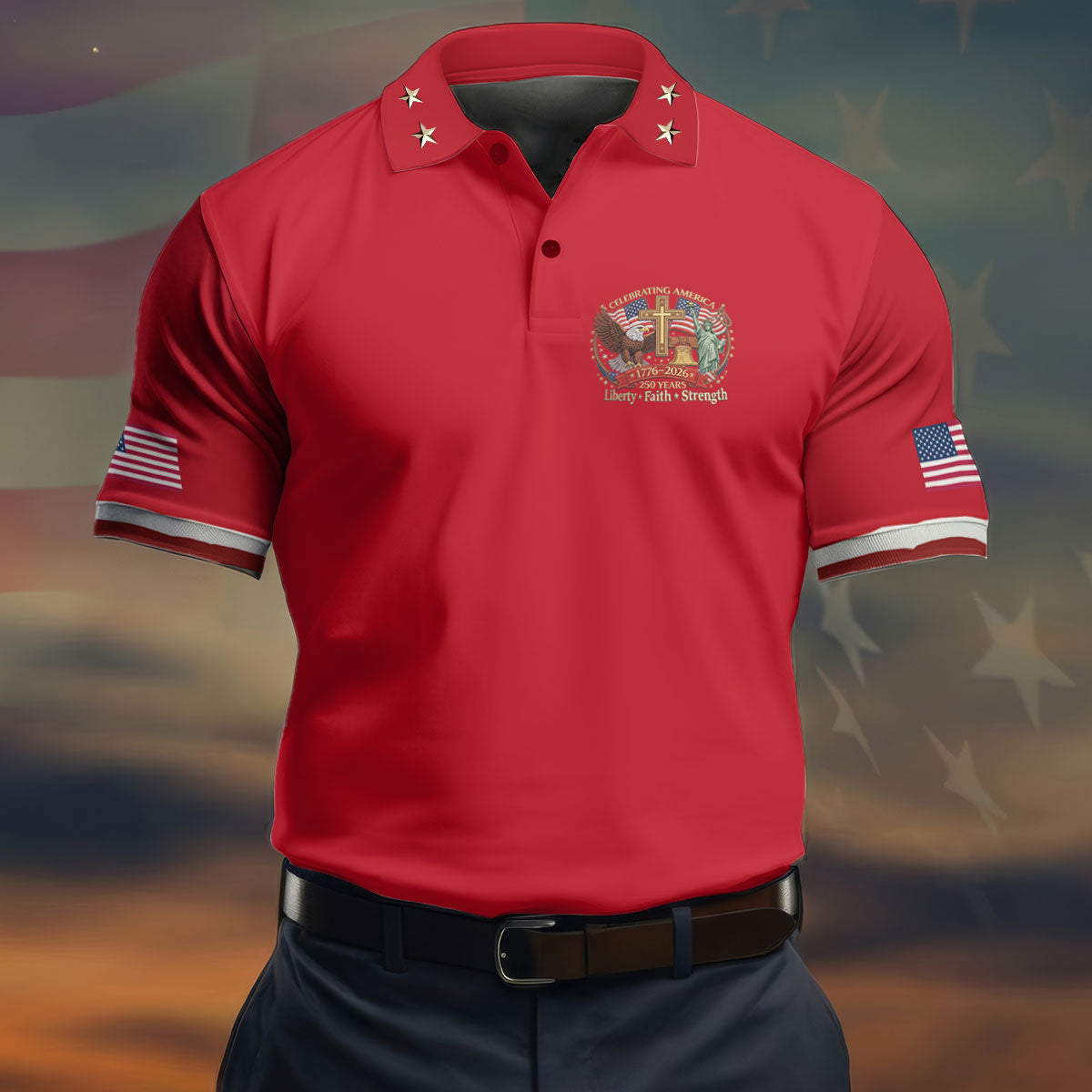 Liberty Faith Strength Faith Cross USA 250 Red Golf Shirt, 4th Of July Golf Shirts For Men
