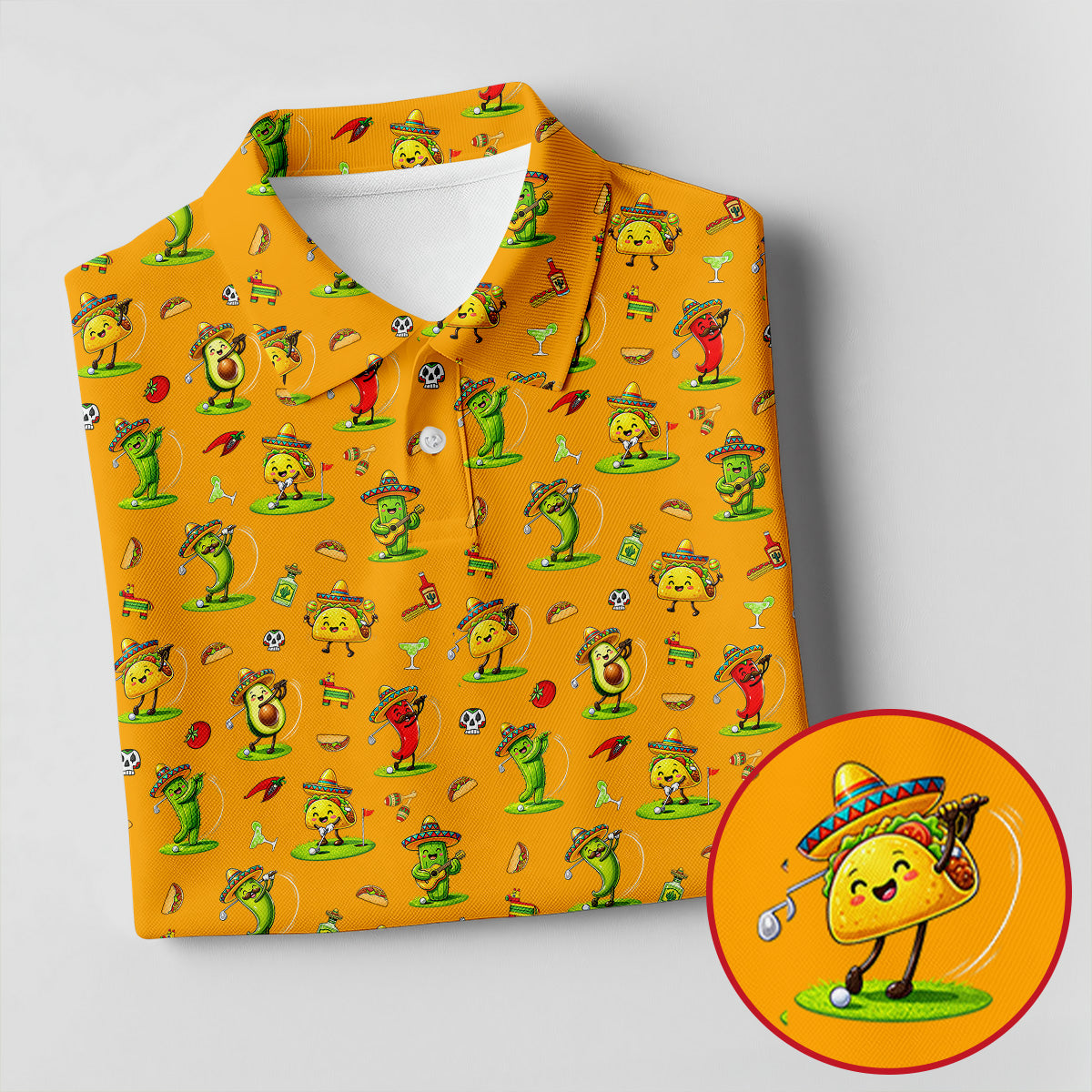 Mexican Cartoon Food Characters Cinco De Mayo Celebration Fiesta Themed Orange Golf Shirts For Men