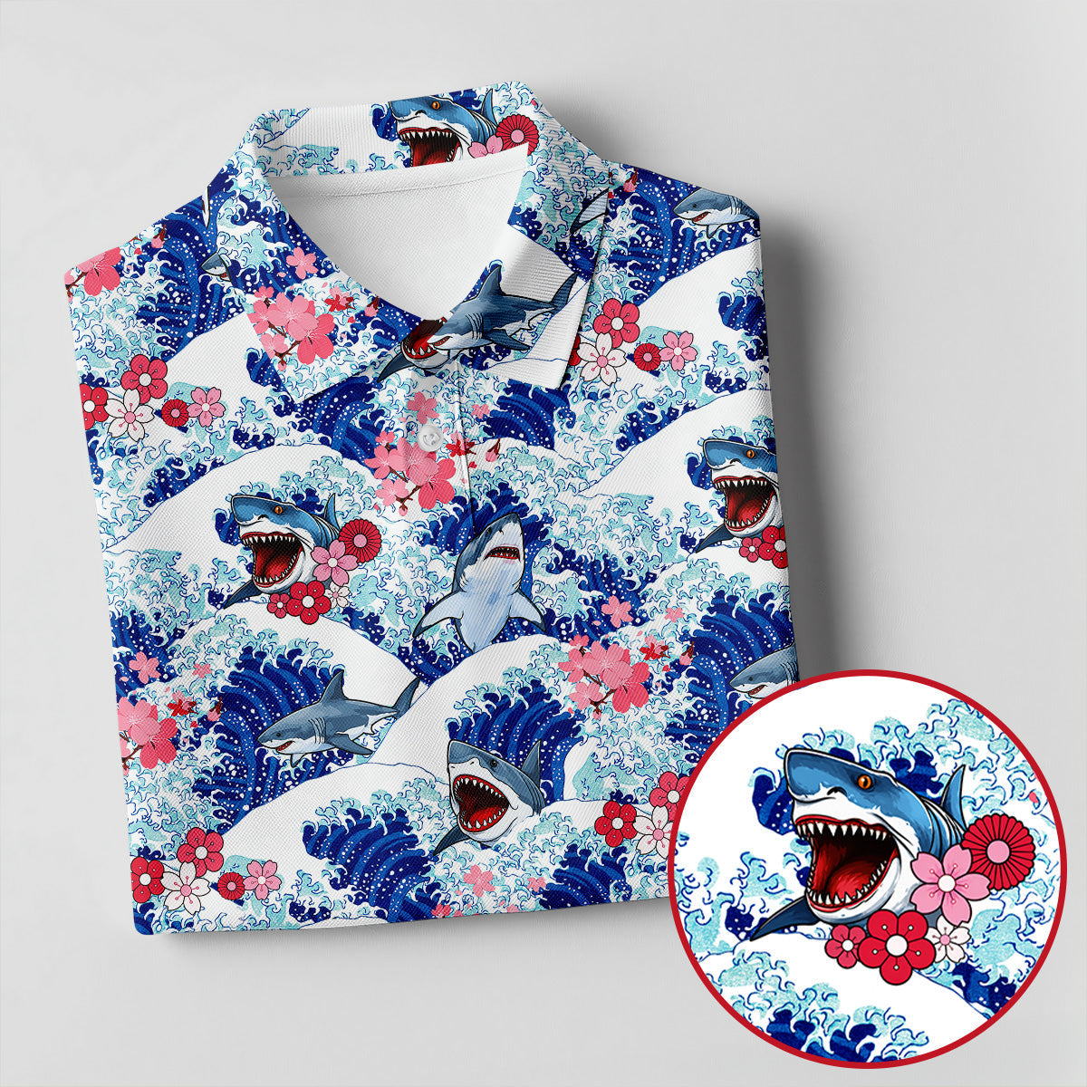 Funny Shark Japanese Wave Hawaiian Golf Shirt, Women's Golf Tops, Ladies Golf Shirts