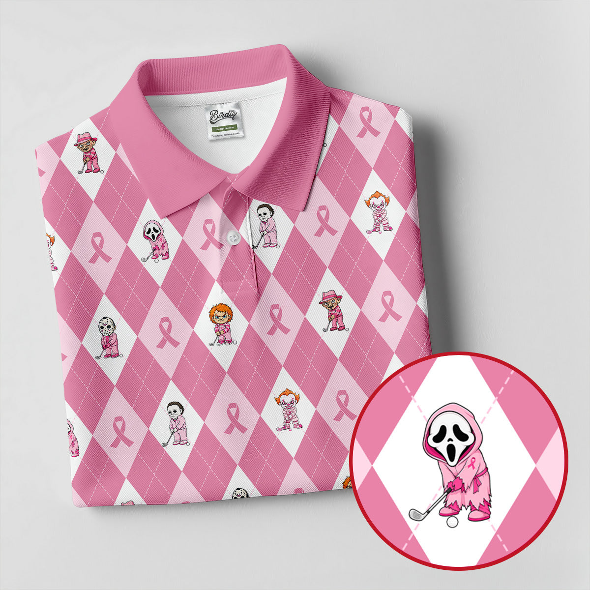 Pink Argyle Horror Character Breast Cancer Polo Shirt, Women's Golf Polo, Golf Tops For Women
