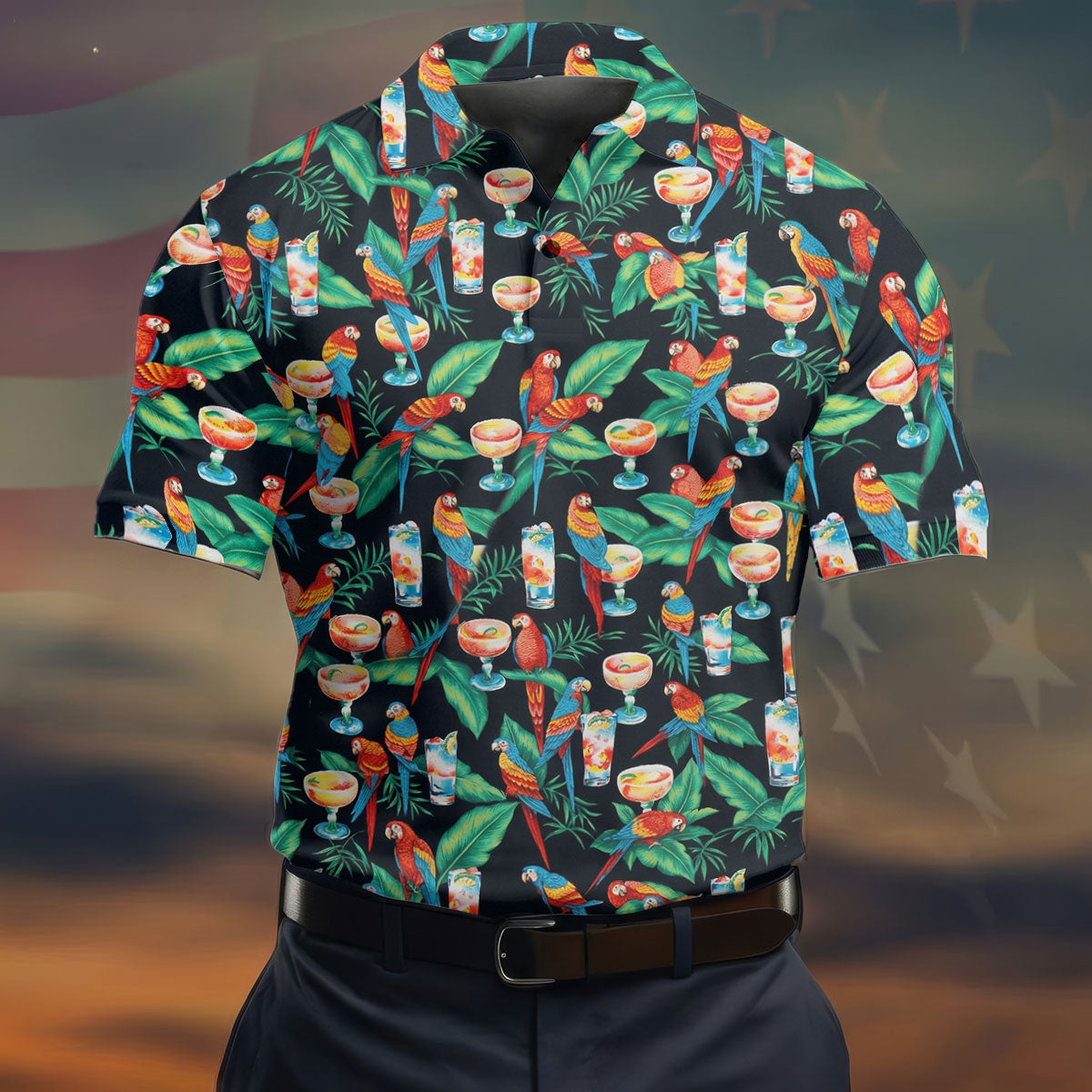 Colorful Parrots Margaritas Cinco De Mayo Celebration Fiesta Themed Tropical Pattern Golf Shirts For Men