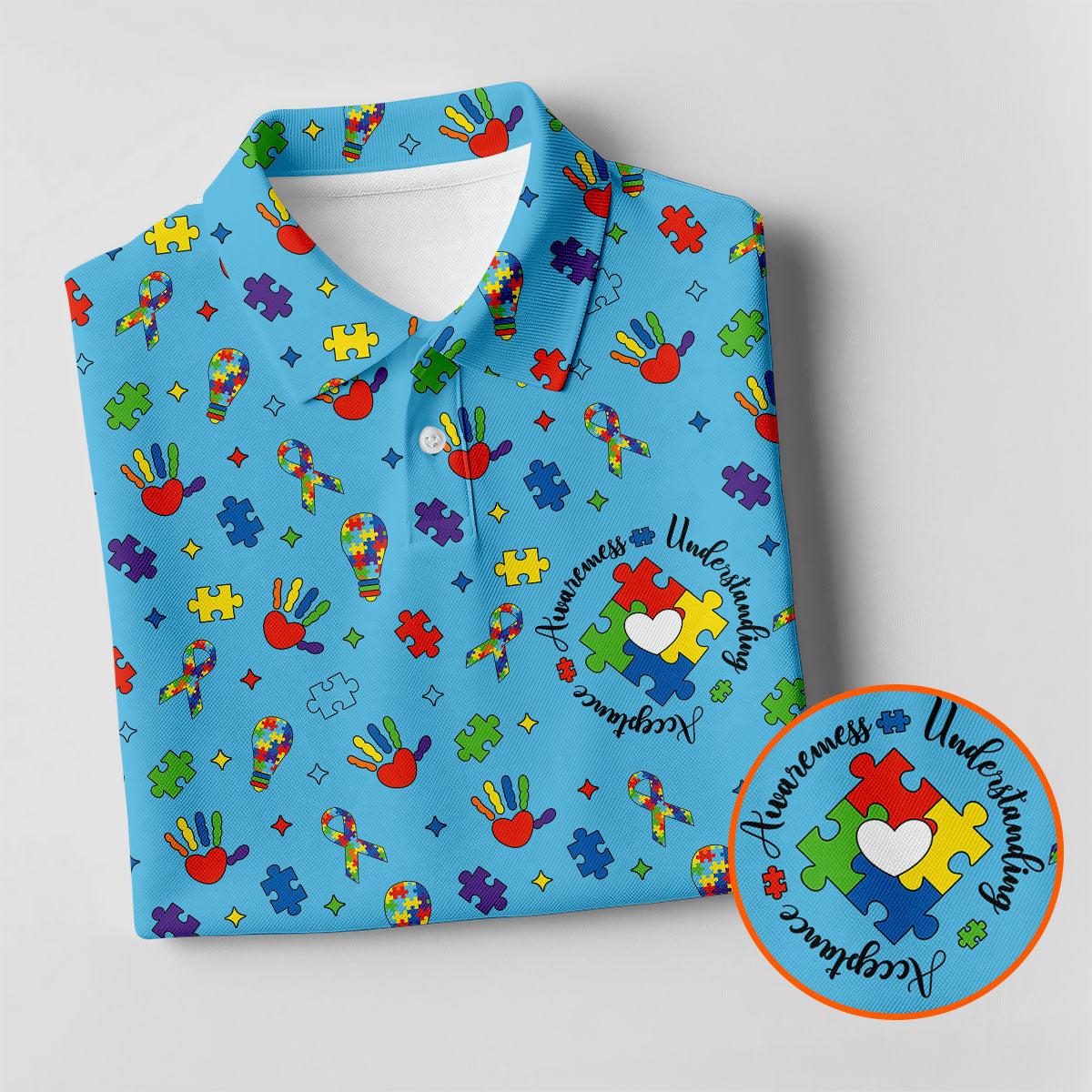 Awareness Understanding Acceptance Autism Ribbon Blue Golf Shirt, Autism Awareness Colors Golf Shirts For Men