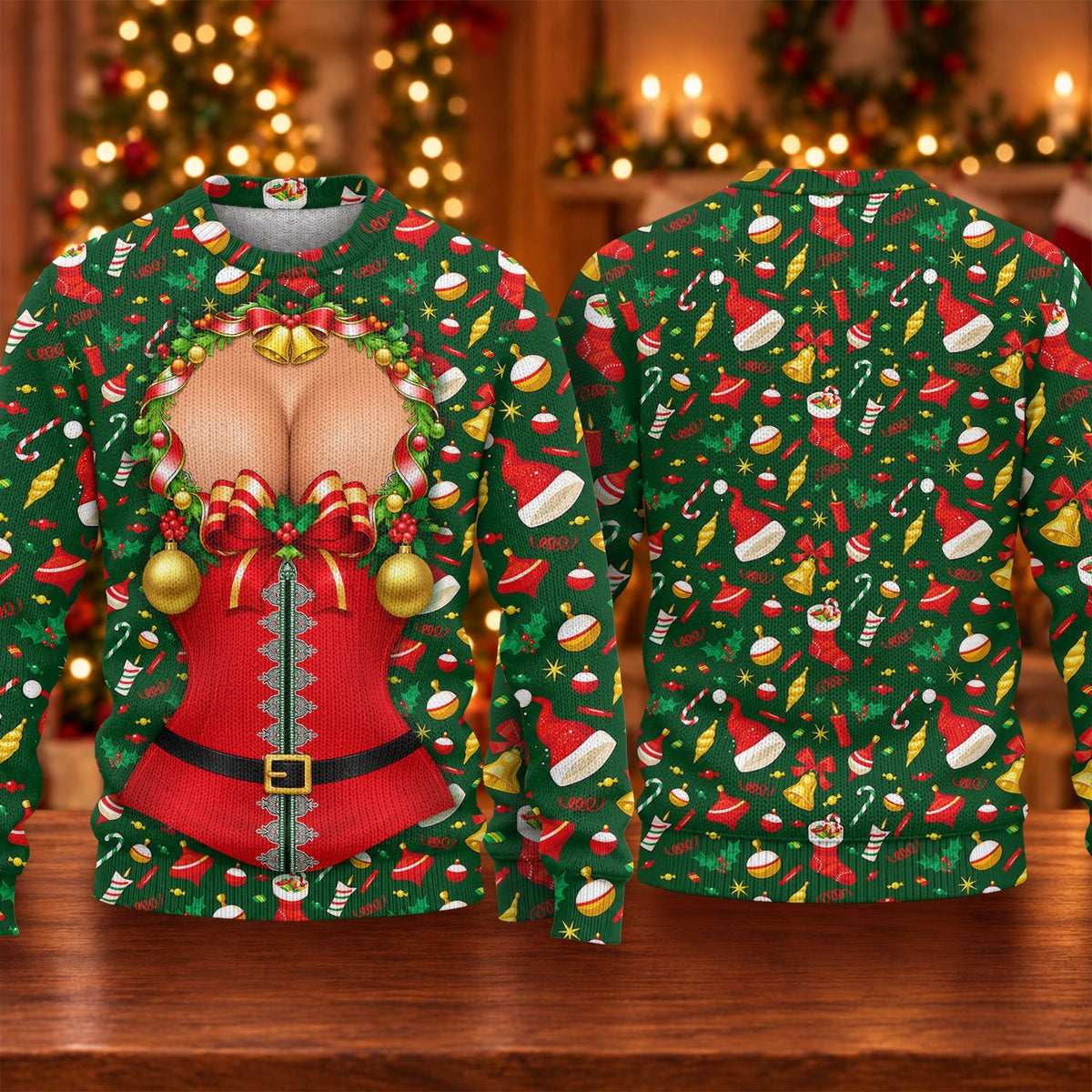 Christmas Corset Bow Print Sweater, Christmas Golf Shirt For Men, Ugly Christmas Sweater