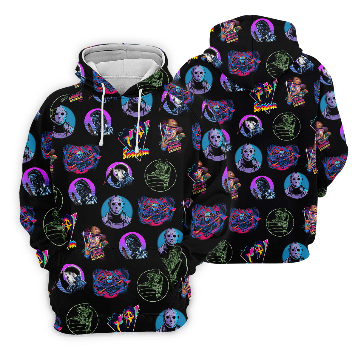 Funny Horror Character Men's Golf Shirt, Horror Character Neon Shirt, Halloween Golf Shirt, Men's Halloween Shirts