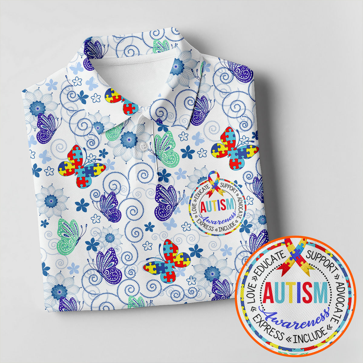 Autism Awareness Colors Puzzles Butterfly Floral Golf Shirt, Women's Golf Tops, Ladies Golf Shirts