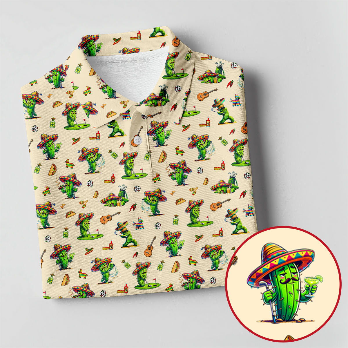 Cartoon Mustach Funny Cactus Cinco De Mayo Celebration Fiesta Themed Beige Golf Shirts For Men