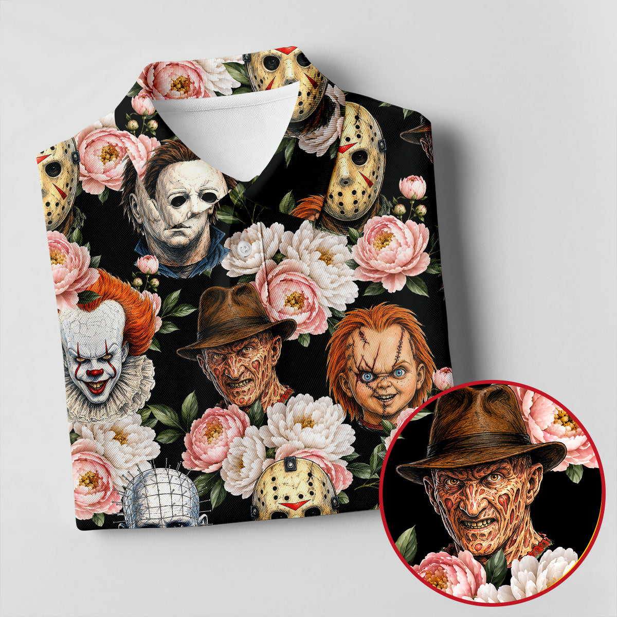 Horror Icons Floral Hawaiian Golf Shirt, Men's Golf Shirt, Printed Golf Shirts