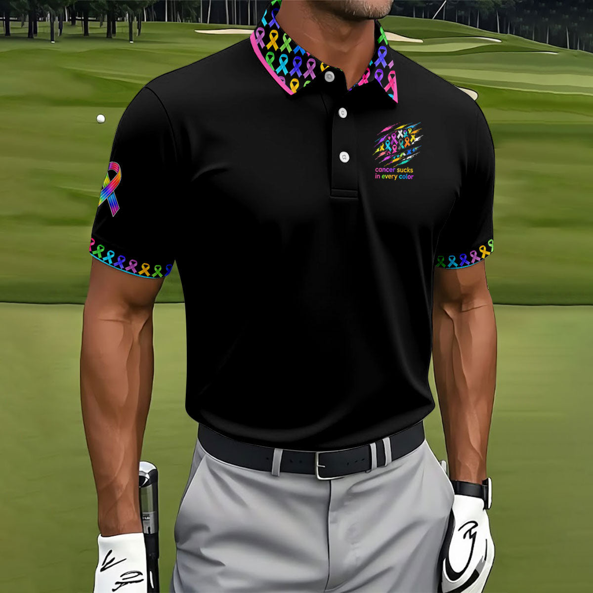 Cancer Sucks In Every Color Awareness Ribbon Polo Shirt, Golf Polo Shirts For Men