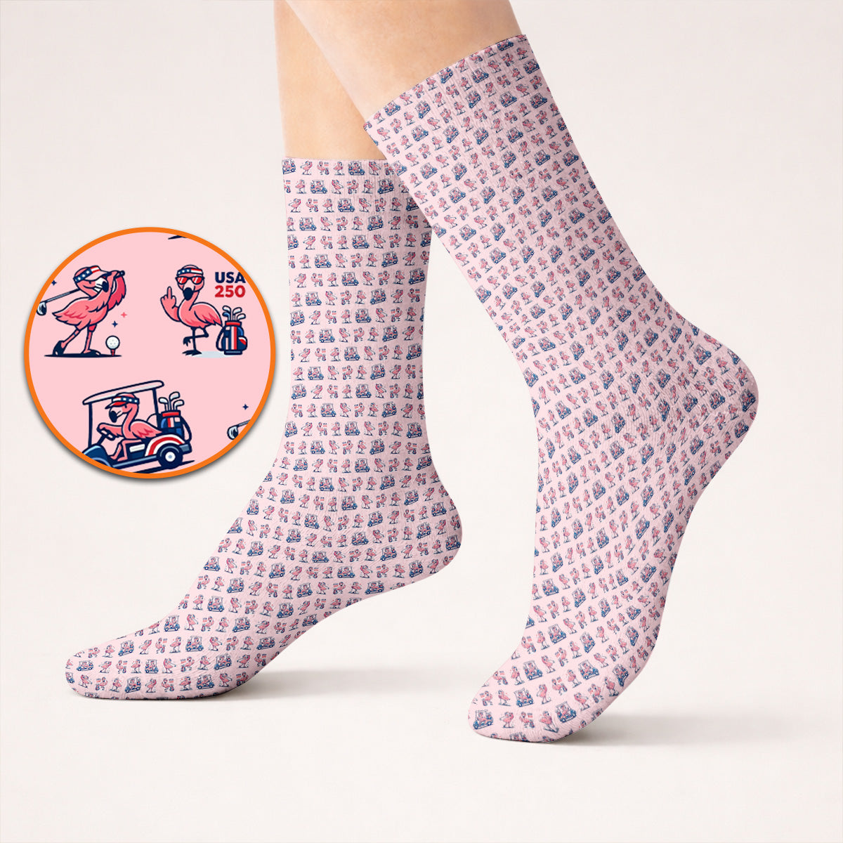 Funny Flamingo Pattern Golf Socks, USA 250 Patriotic Summer Golf Sock, Crazy Golf Gift For Golfer