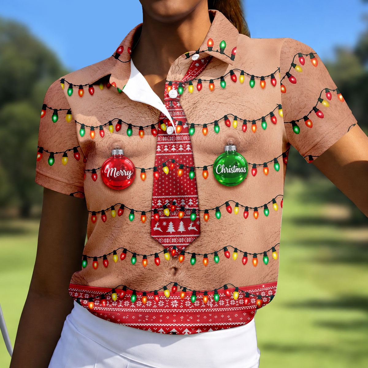 Merry Christmas Quote Tie Christmas Golf Shirt, Golf Shirts For Women, Women’s Golf Apparel