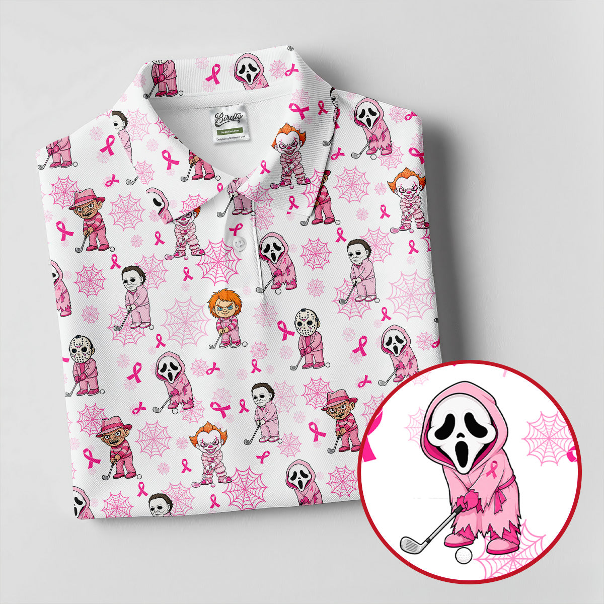 Halloween Horror Character Breast Cancer Polo Shirt, Ladies Golf Tops, Printed Golf Shirt