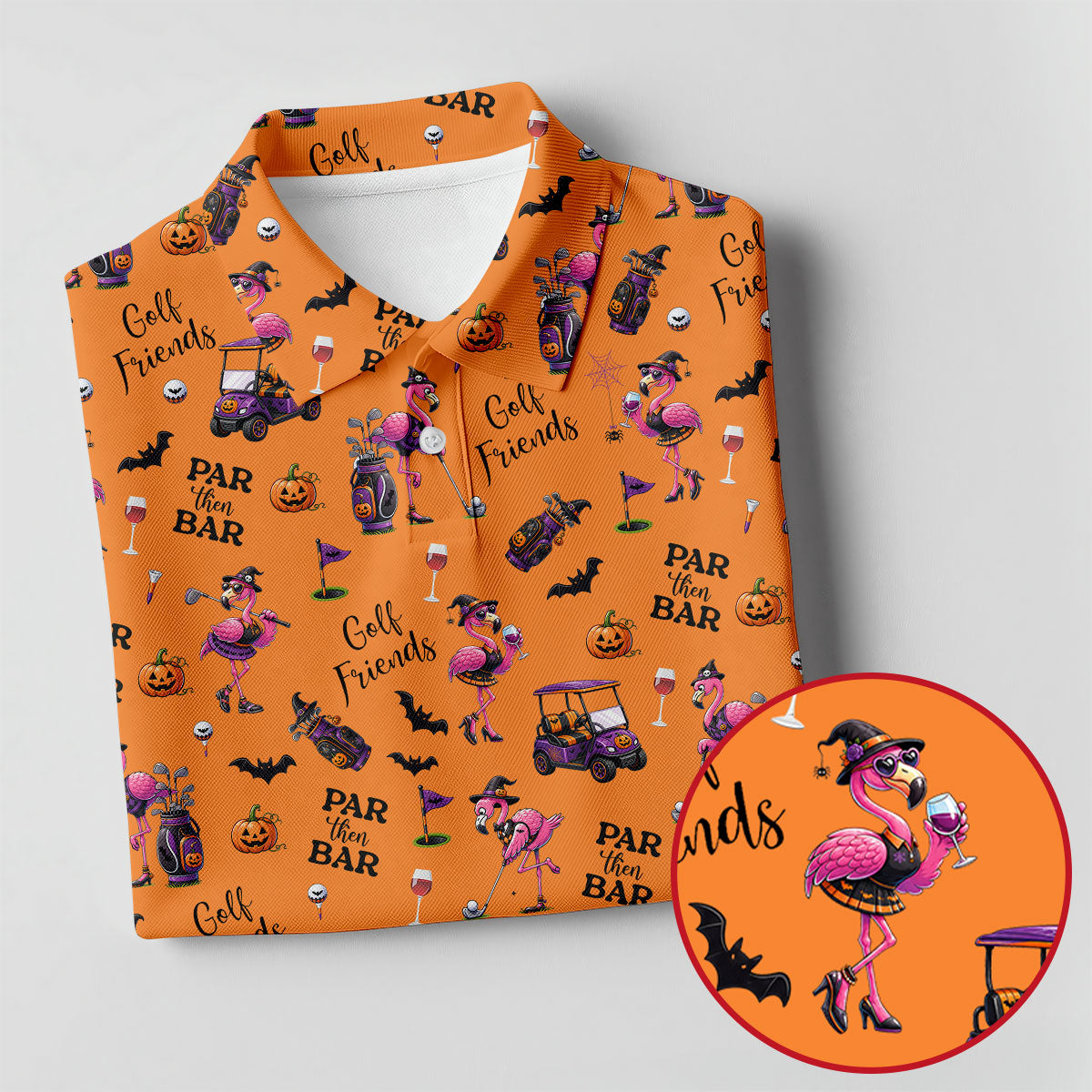 Orange Par Then Bar Flamingo Halloween Shirt, Golf Shirts For Women, Ladies Golf Tops