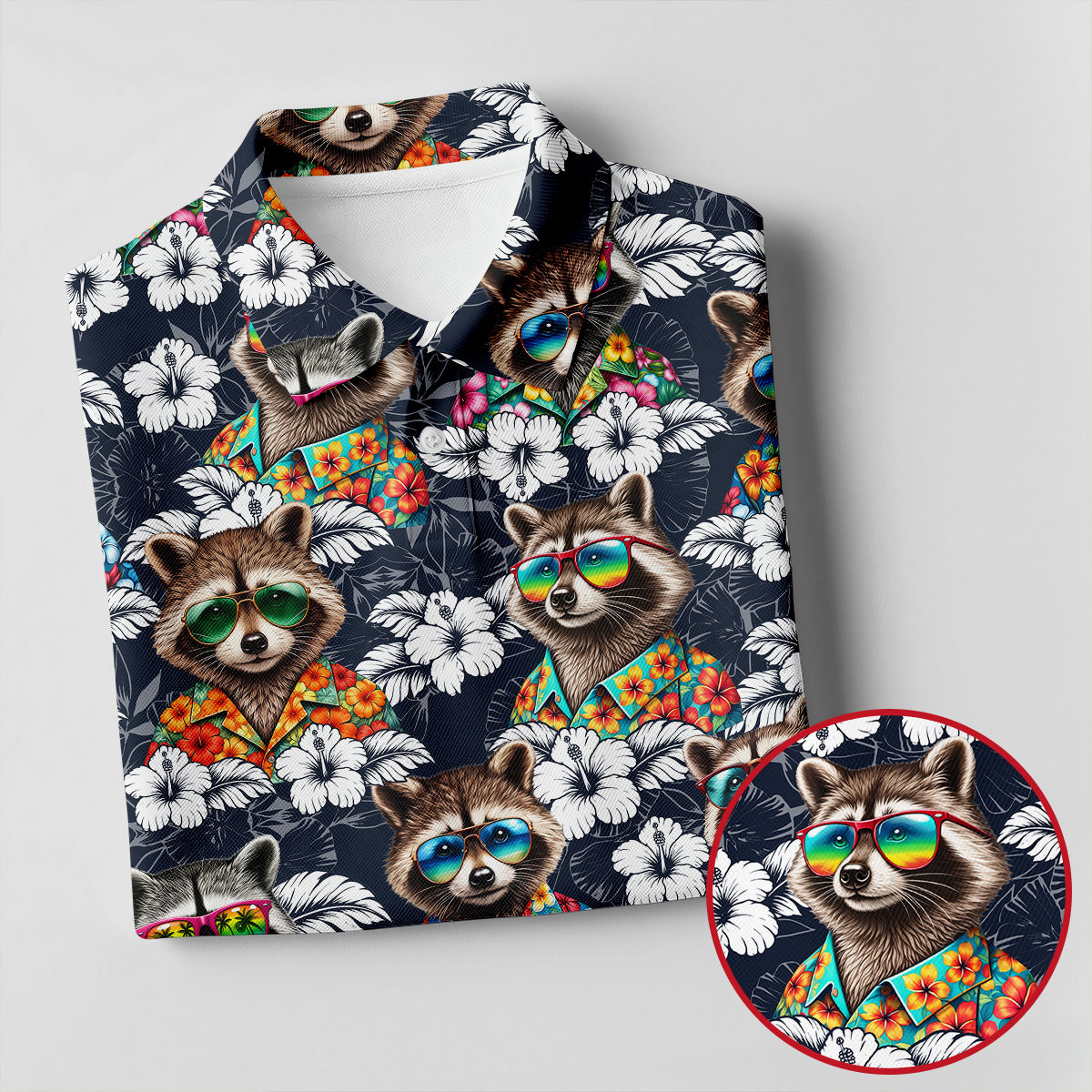 Cool Raccoons in Rainbow Sunglasses Hawaiian Golf Polo, Golf Tops For Women, Golfing Apparel
