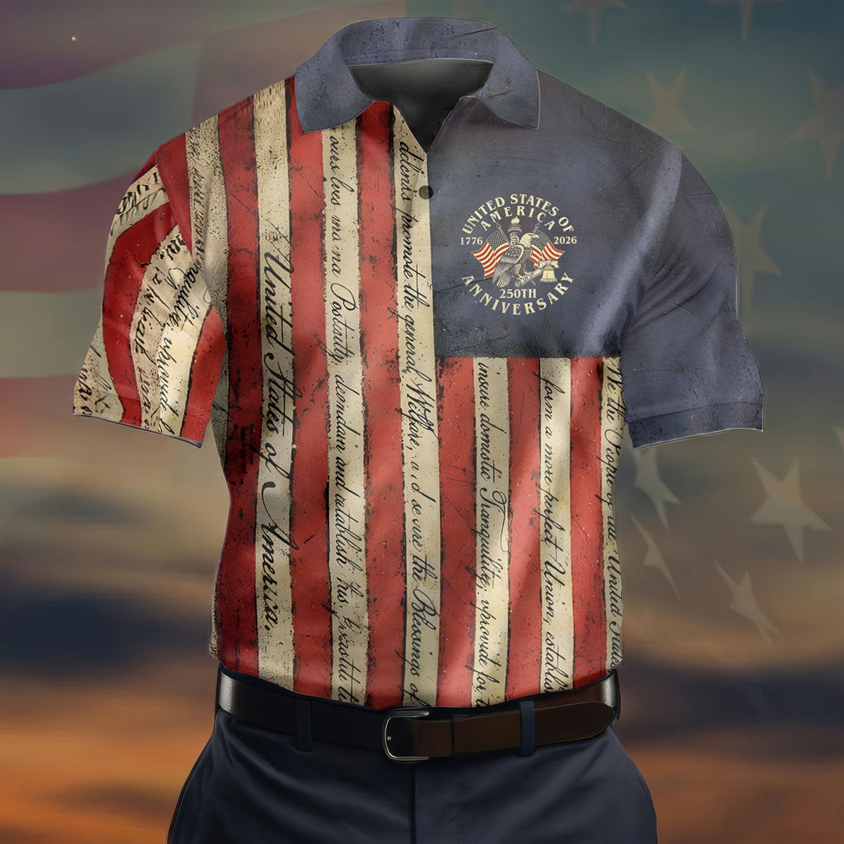 USA 250th Anniversary Distressed Flag Patriotic Golf Shirt, 4th Of July Golf Shirts For Men