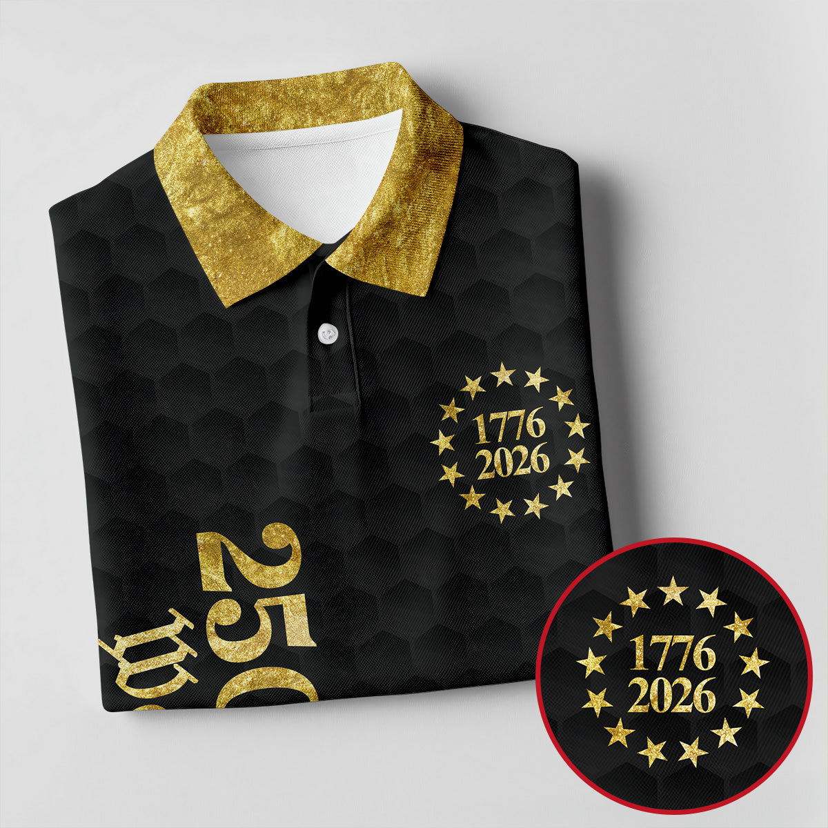 We The People 250 Years Gold Textured Patriotic Golf Shirt, 4th Of July Golf Shirt For Women