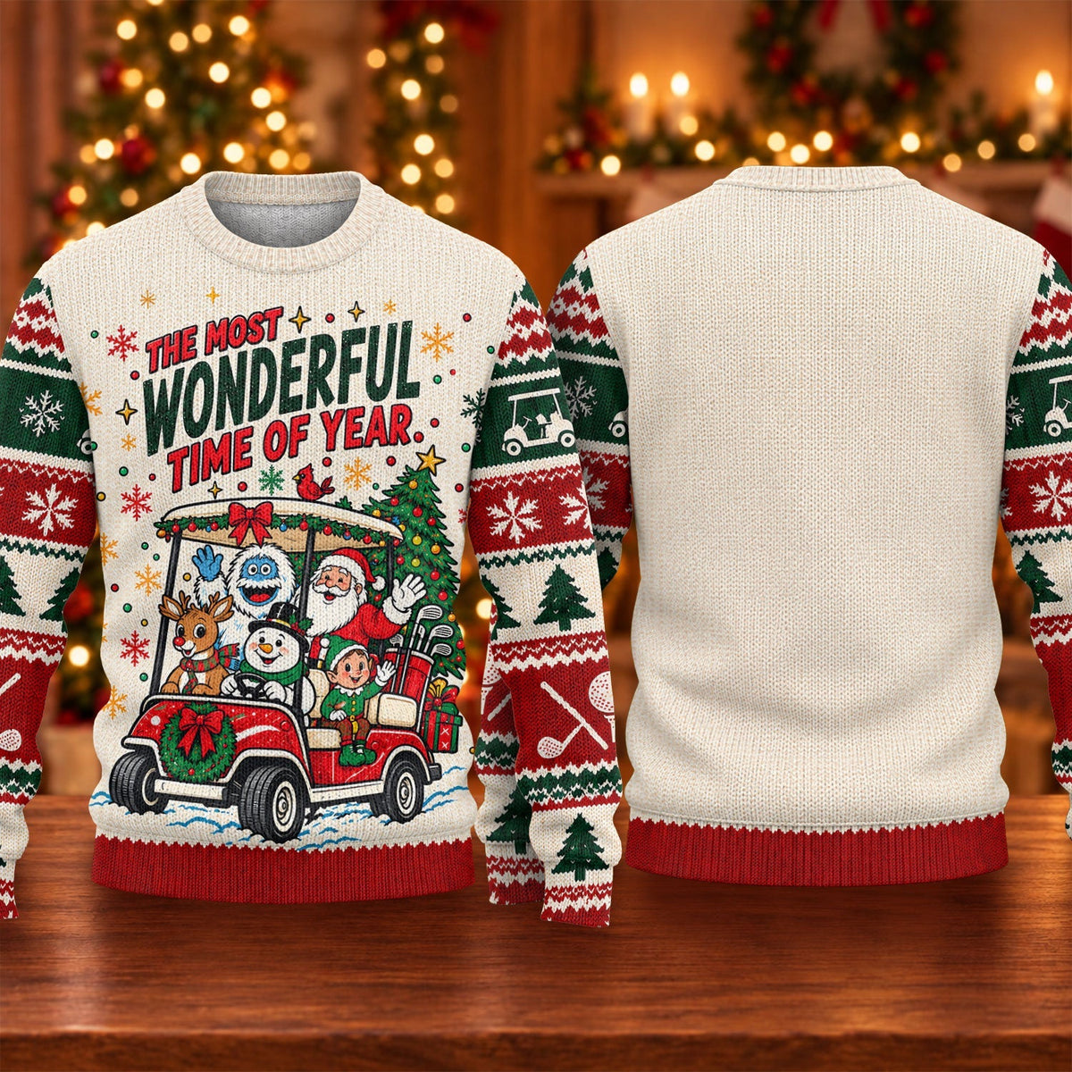 Most Wonderful Time Golf Cart Ugly Christmas Sweater, Holiday Sweaters, Golf Gifts