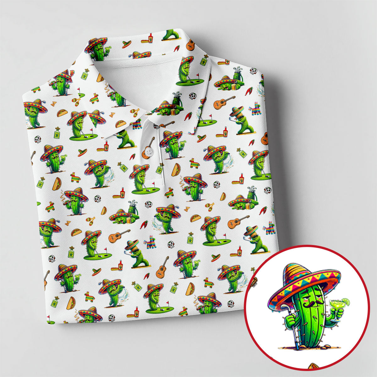 Cartoon Mustach Funny Cactus Cinco De Mayo Celebration Fiesta Themed White Golf Shirts For Men