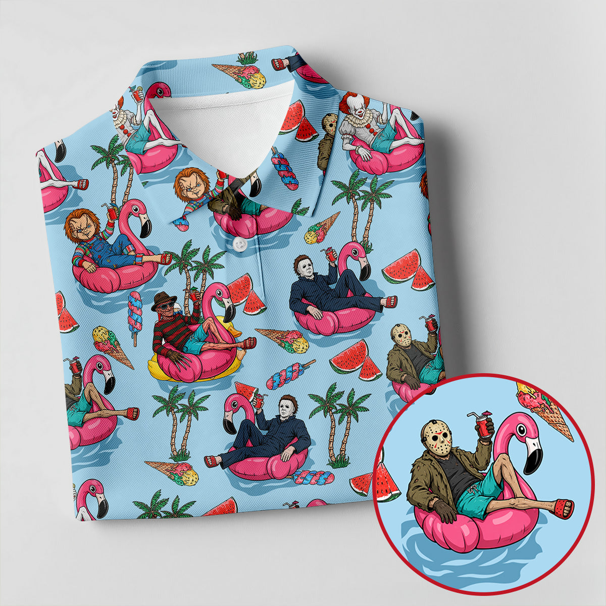Retro Horror Character Villains Floating On Flamingo Pool Floats Golf Polo Shirt, Women's Golf Polo, Golf Tops For Women
