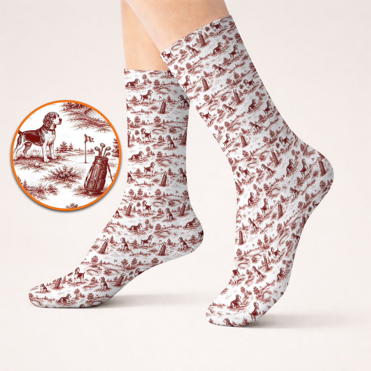 Beagle Toile De Jouy Golf Sock, Vintage Dog Pattern Golf Socks, Beagle Lover Golf Gift