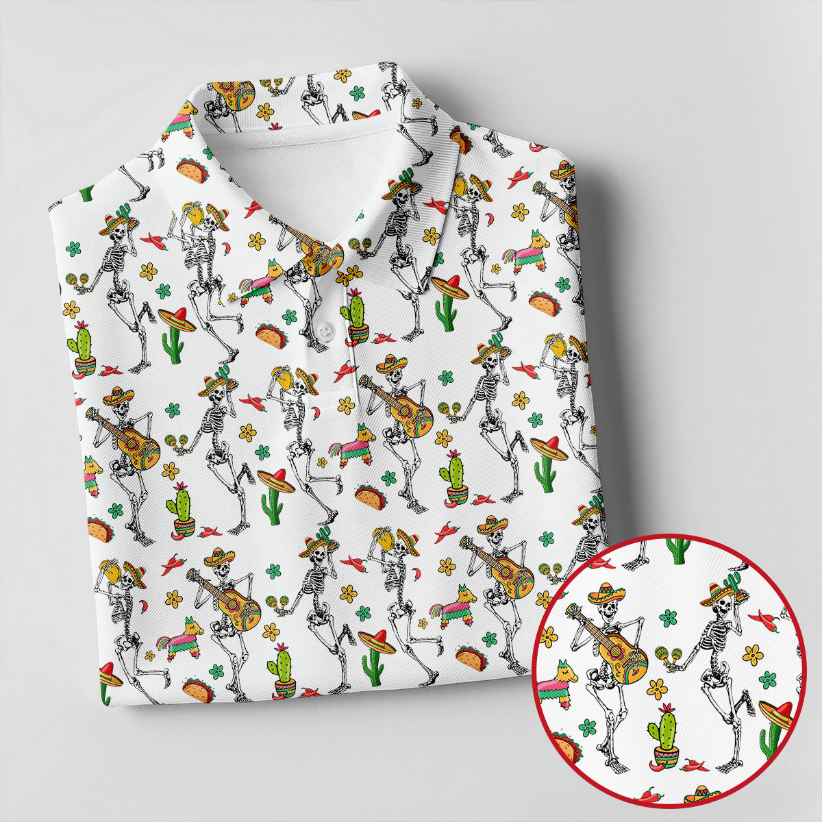Dia De Muertos Skeletons Cinco De Mayo Celebration Fiesta Themed White Golf Shirts For Men