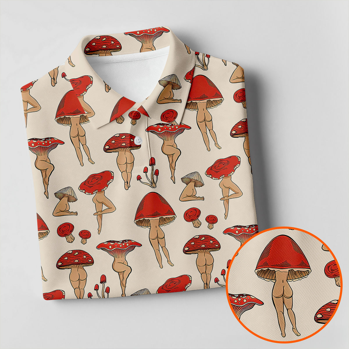 Vintage Mushroom Pin Up Pattern Hawaiian Golf Shirt, Ladies Golf Shirt, Women’s Golf Apparel