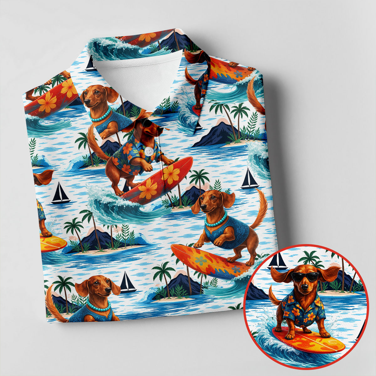 Funny Dachshund Surfing Beach Hawaiian Golf Shirt, Summer Vibe Golf Shirt For Women