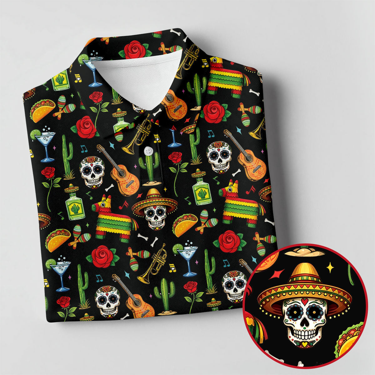 Decorated Skulls Party Items Cinco De Mayo Celebration Fiesta Themed Black Golf Shirts For Men