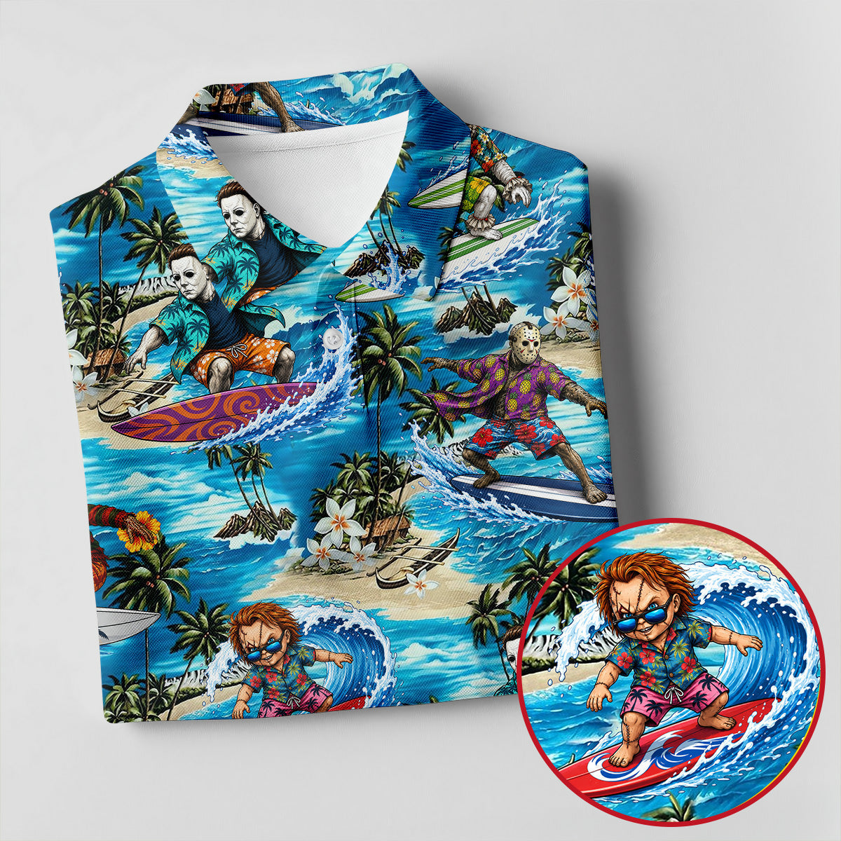 Horror Surfing Hawaiian Golf Shirt, Tropical Golf Tops, Golf Shirts For Women