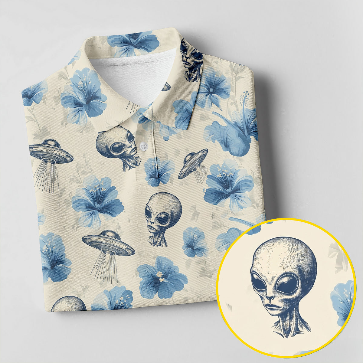 Funny Alien Blue Hibicus Tropical Theme Hawaiian Golf Shirt, Polo Shirts For Men, Golfing Apparel