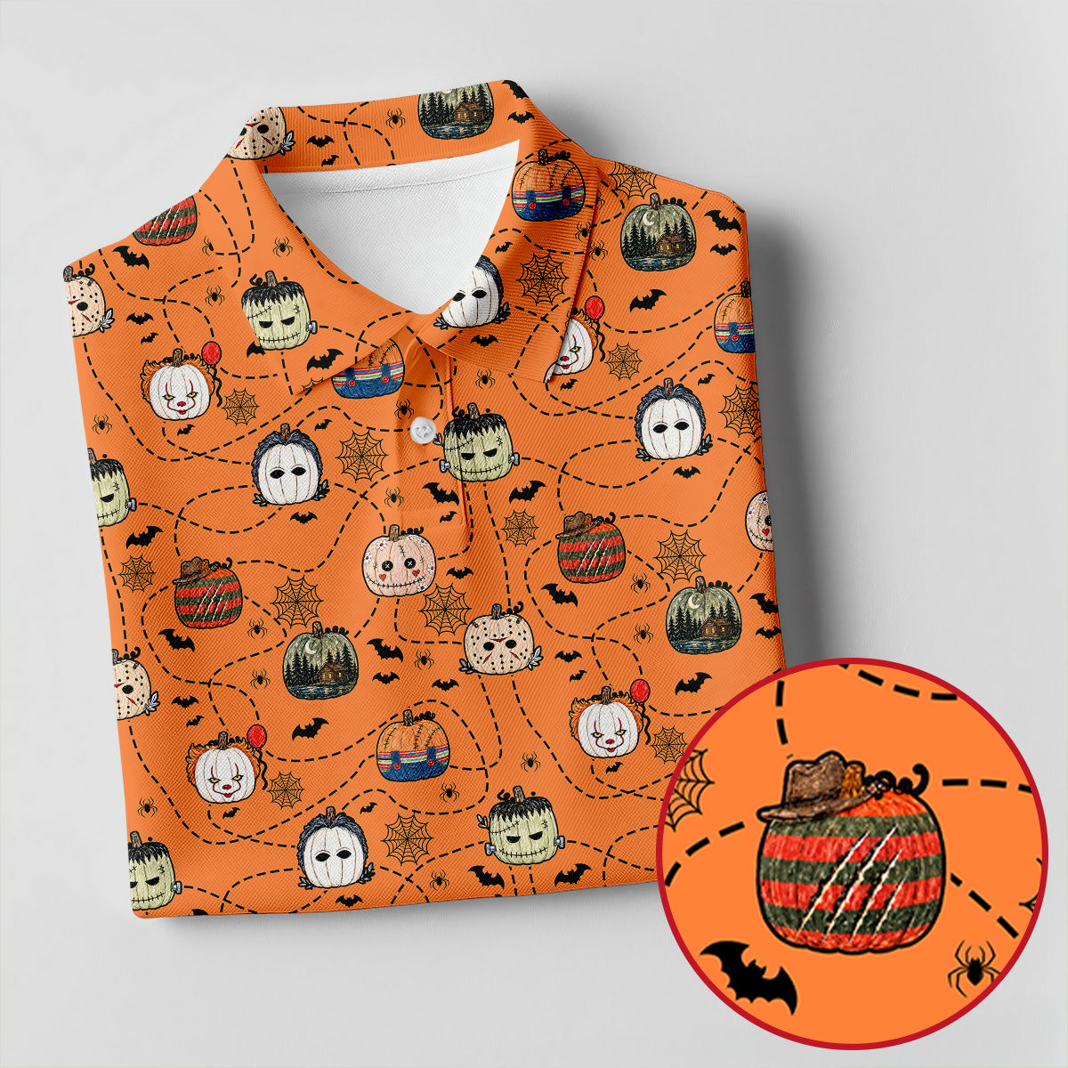 Orange Horror Character Pumpkin Pattern Golf Polo Shirt, Ladies Golf Shirts, Womens Golf Tops